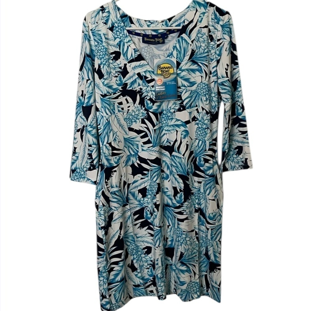 🆕 Banana Boat UPF 50 Swim Dress Long Sleeve Blue White Palm Leaf Tropical Size M